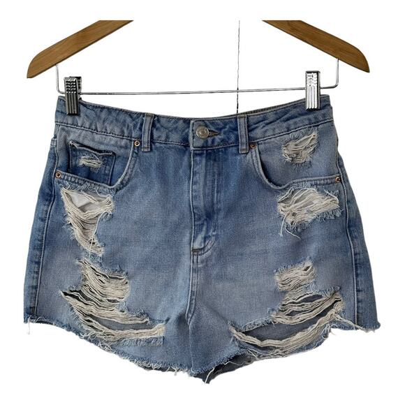 TopShop Moto Mom Light Rinse Distressed Denim Shorts Cut-Off High Waist Sz  10 - Picture 1 of 6